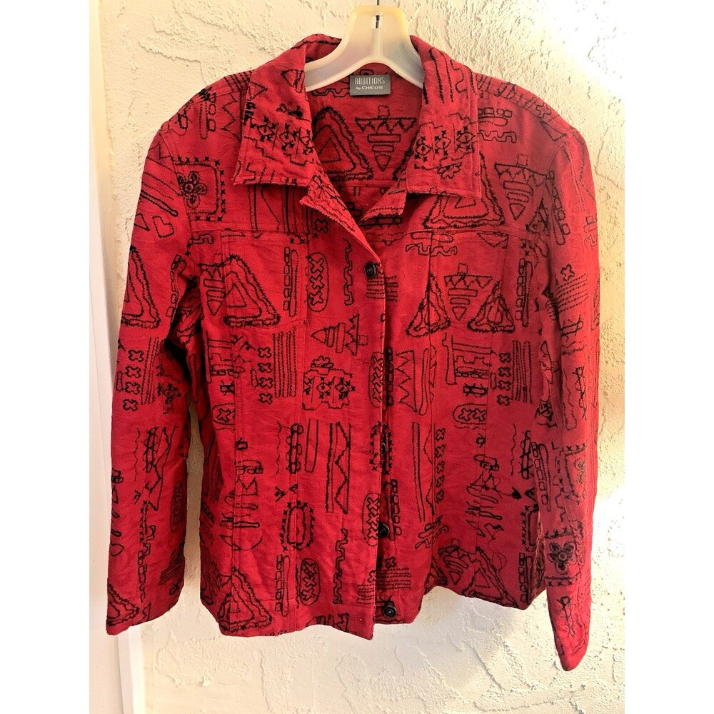 Chicos Embroidered Jacket Women Sz 3 Button Down Art To Wear Tribe Red Vtg